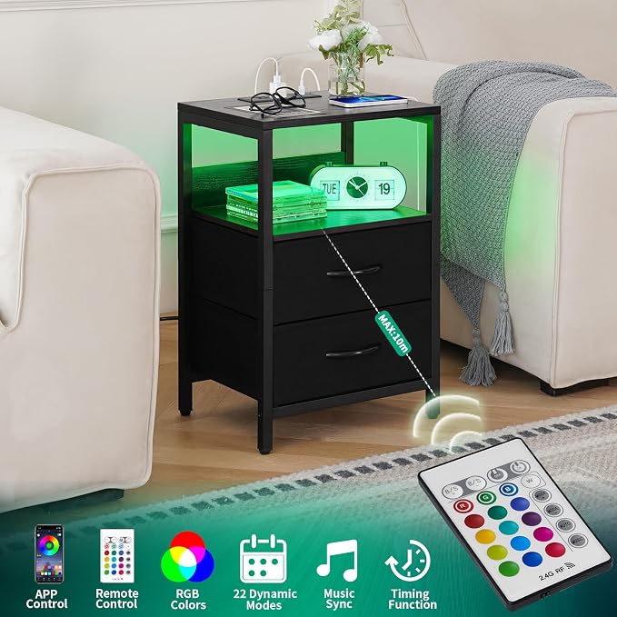 Yoobure Nightstand with Charging Station, LED Night Stand with Fabric Drawers - Image 5
