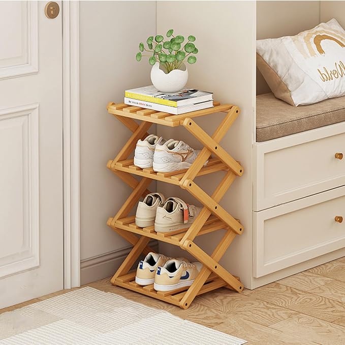 Foldable Shoe Rack, Bamboo Vertical Shoe Organizer Tall by XZXWZX
