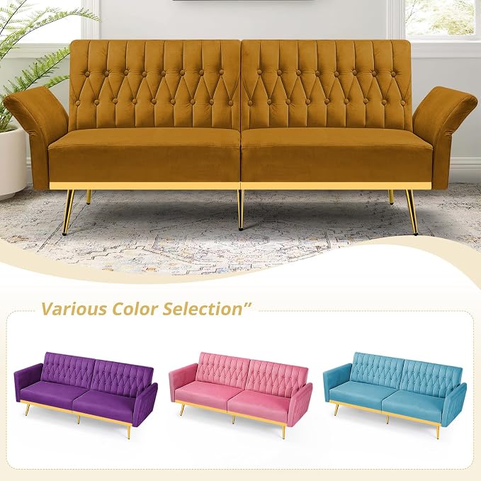 70” Velvet Futon Sofa Bed with 2 Pillows and Adjustable Armrests, Convertible - Image 7
