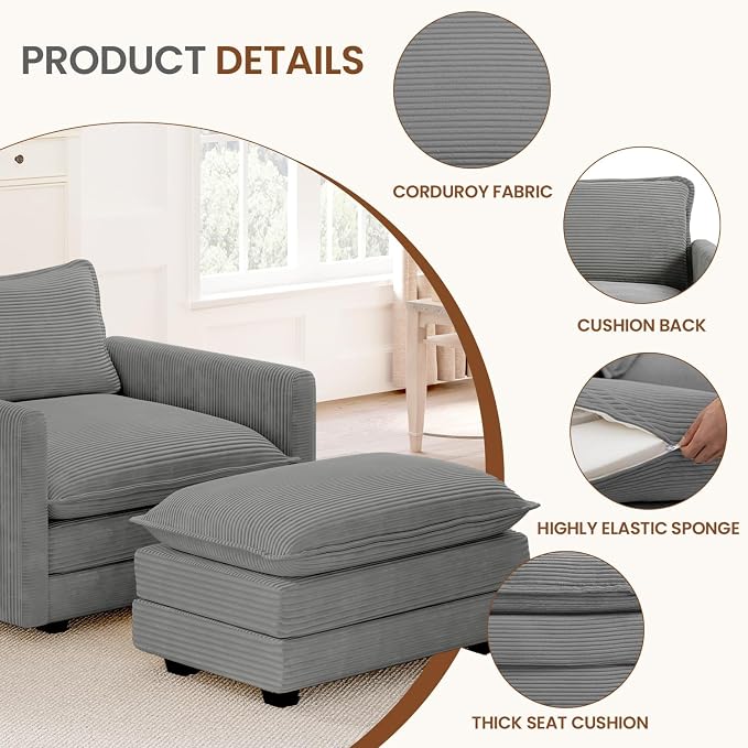 ROWHY Single Armchair with Ottoman, Modern Corduroy Cloud Couch with - Image 3