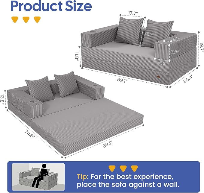 COMAX Futon Sofa Bed, 4‑in‑1 Convertible Sofa Bed, Folding Boneless Couches - Image 2
