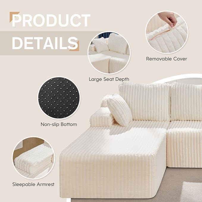 Hobestluk Modular Sectional Sofa Couches L-Shape Couch 3 Seat Modular Sofa - Image 6