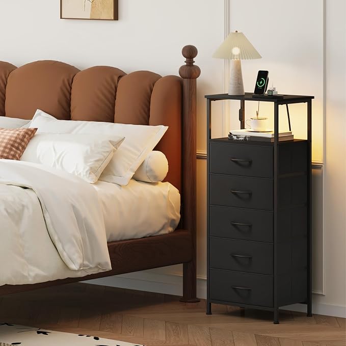 Somdot Black Nightstand with Charging Station and LED Light - Image 2