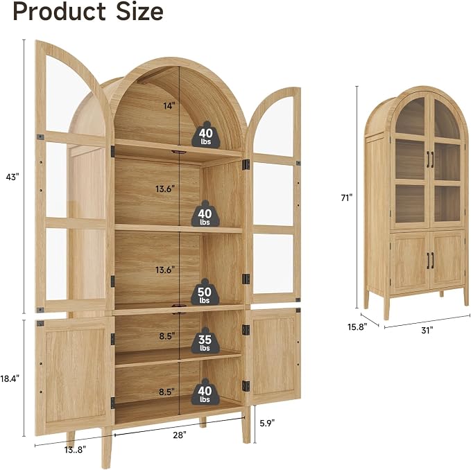 ONBRILL 71" Tall Arched Cabinet, 5-Tier Arched Kitchen Pantry - Image 2