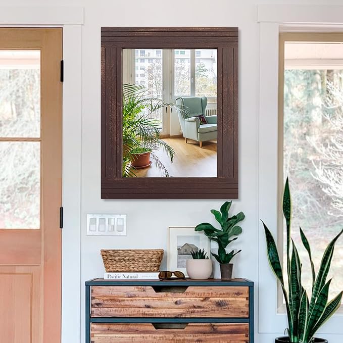 Wood Wall Mirror Rectangular Framed Rustic Vintage Mirrors Decor Farmhouse - Image 3