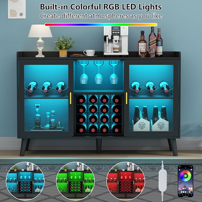 Auromie Wine Bar Cabinet with Led Light, Home Coffee Cabinet with Wine and - Image 5