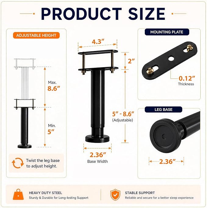 4Pcs Bed Frame Support Leg, Adjustable Height 5"-8.6", Extra Sturdy Steel Bed - Image 2