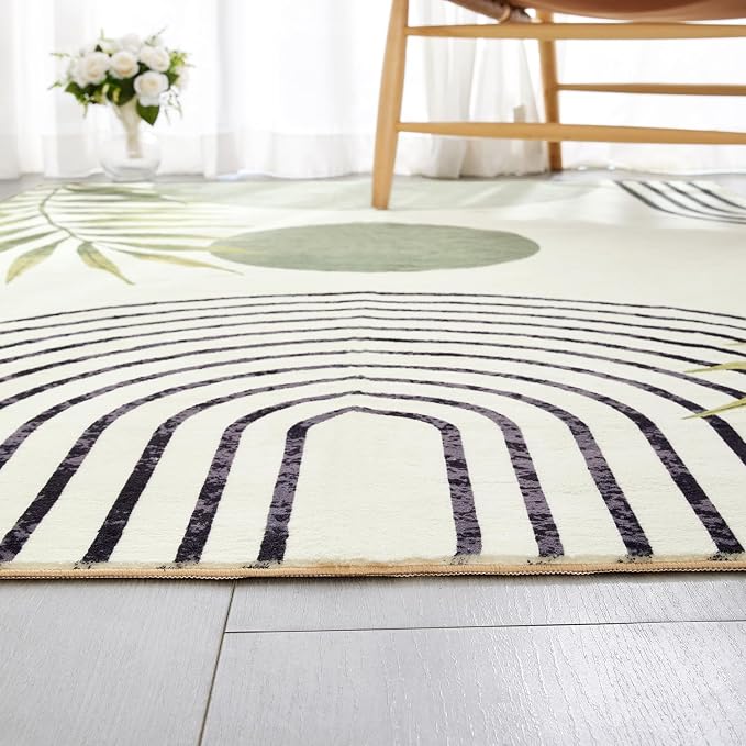 RoomTalks Mid Century Modern Washable Rug, Abstract Tropical Leaves Thin Shaggy - Image 4