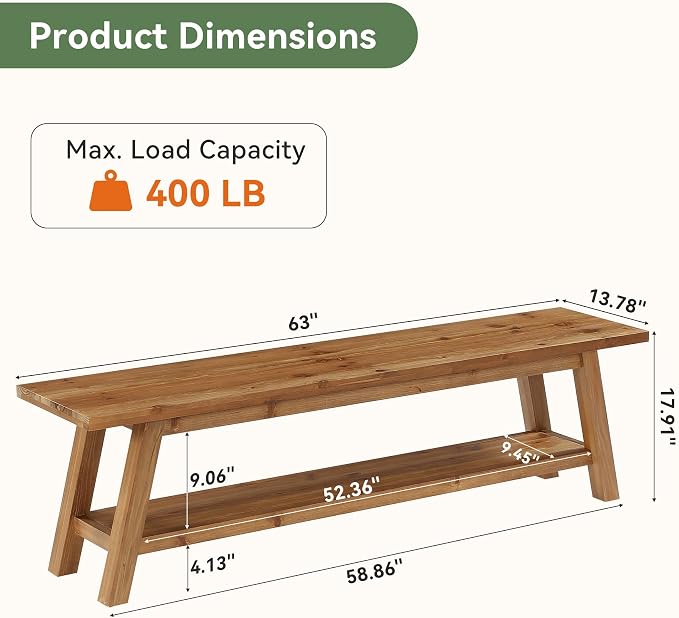 63” Wood Dining Room Bench, Farmhouse Kitchen Bench - Image 2