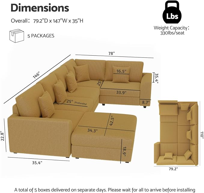 146" Modular Sectional Sofa, Oversized U Shaped Couch, Convertible Sleeper Sofa - Image 2