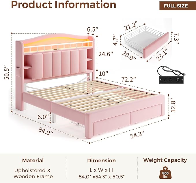 Full LED Bed Frame with Storage Headboard & 2 Storage Drawers, Princess Velvet - Image 2