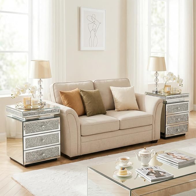 Modern Glam Glass Mirror Nightstand, 3-Drawer Luxury Mirrored Accent Table - Image 4