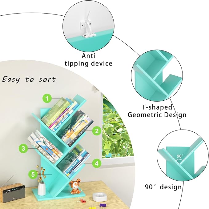 SHEEPAM 5 Tier Tree Book Shelf, Small Desktop Bookshelf - Image 6