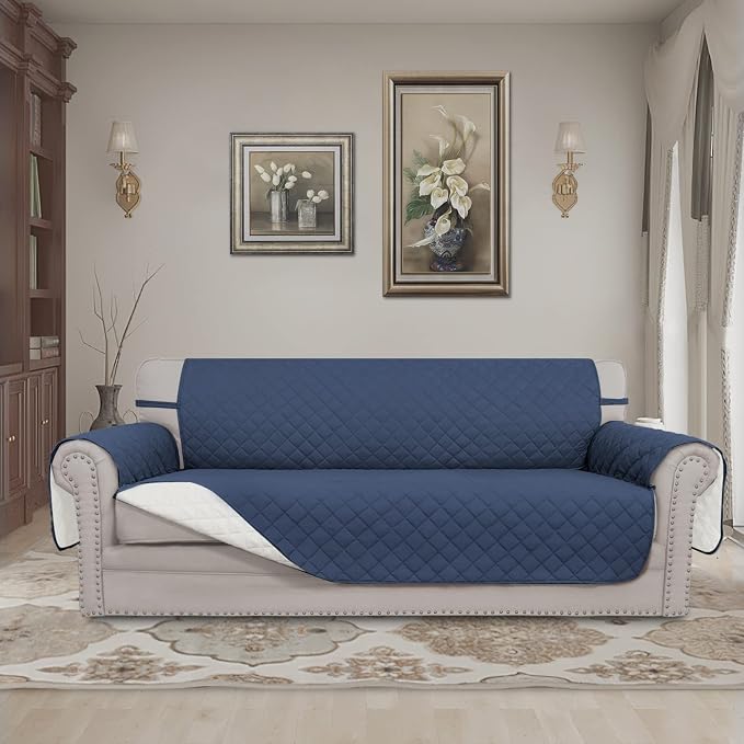 Easy-Going Reversible Couch Cover, 3 Cushion Sofa, Dark Blue/Ivory | Machine - Image 2
