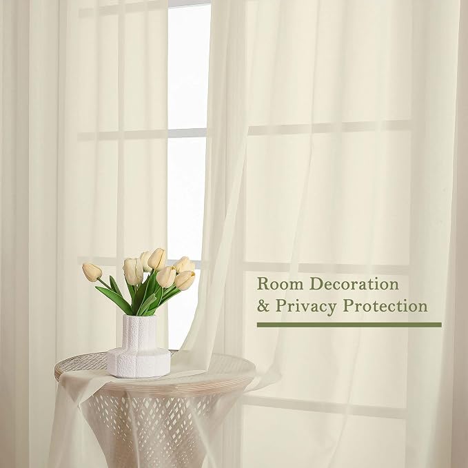Cream Sheer Curtains for Bedroom 90 Inches Long 2 Pcs, Rod Pockets Window - Image 4