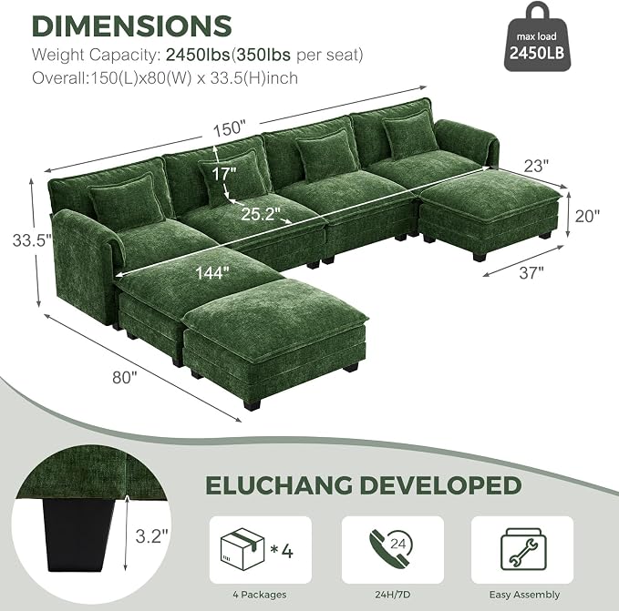 ELUCHANG Oversized 153" Modular Sectional Sofa, Comfy Cloud Couch, U Shaped - Image 2
