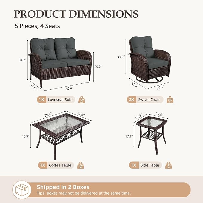 UPHA 5 Pieces Patio Furniture Sets, Wicker Outdoor Loveseat Sofa Set - Image 2