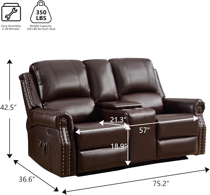 EBELLO Power Reclining Loveseat, Faux Leather Double Recliner Sofa - Image 2
