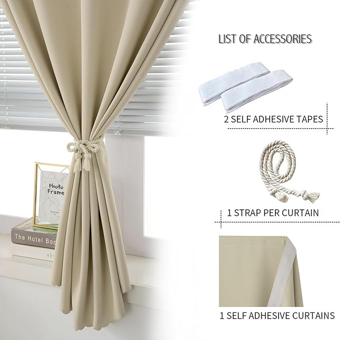 Thermal Blackout Curtains with Self Adhesive Tape No Rod No Drill Easy Install - Image 2