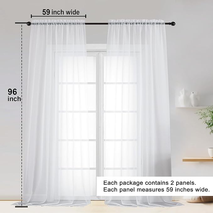 Sheer White Curtains, Sheer Curtains 96 inches Long 2 Panels Set, Rod Pocket - Image 2