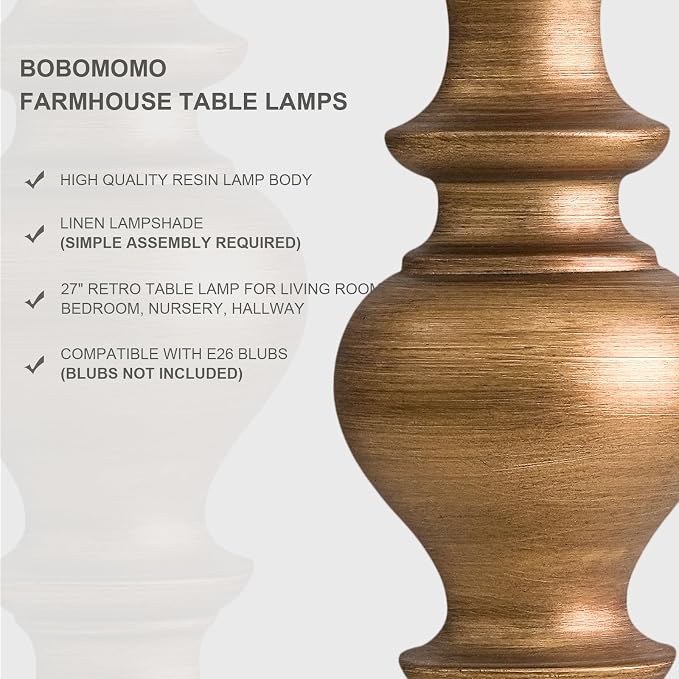 BOBOMOMO 27" Antique Gold Table Lamps Set of 2, Elegant Large Resin Lamps - Image 2
