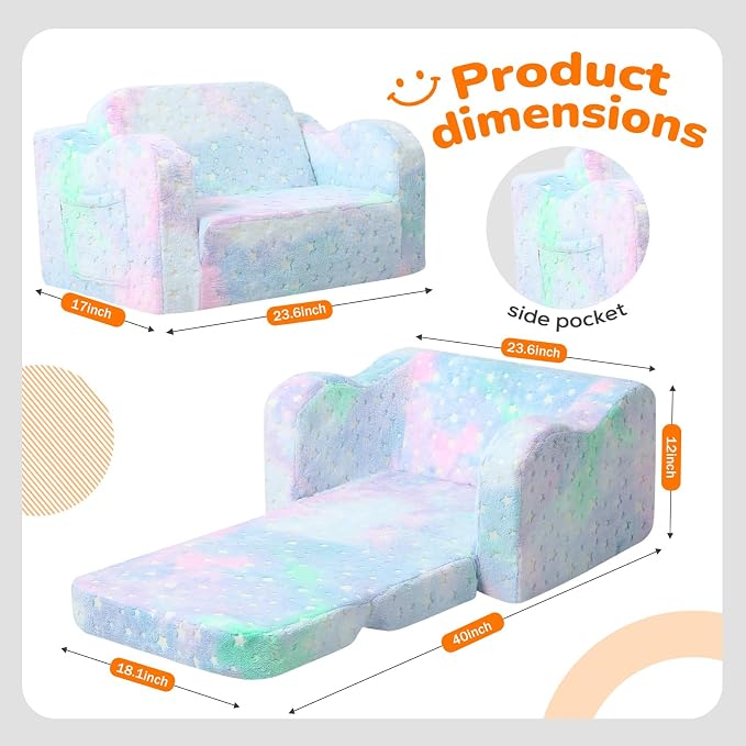 MeMoreCool Glowing Pastel Rainbow Kids Chair, 2-in-1 Foldable Kids Couch and - Image 2