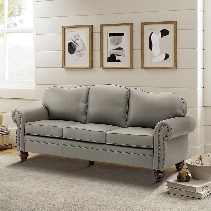 81" Genuine Leather Sofa, Classic 3-Seater Couchs - Image 3