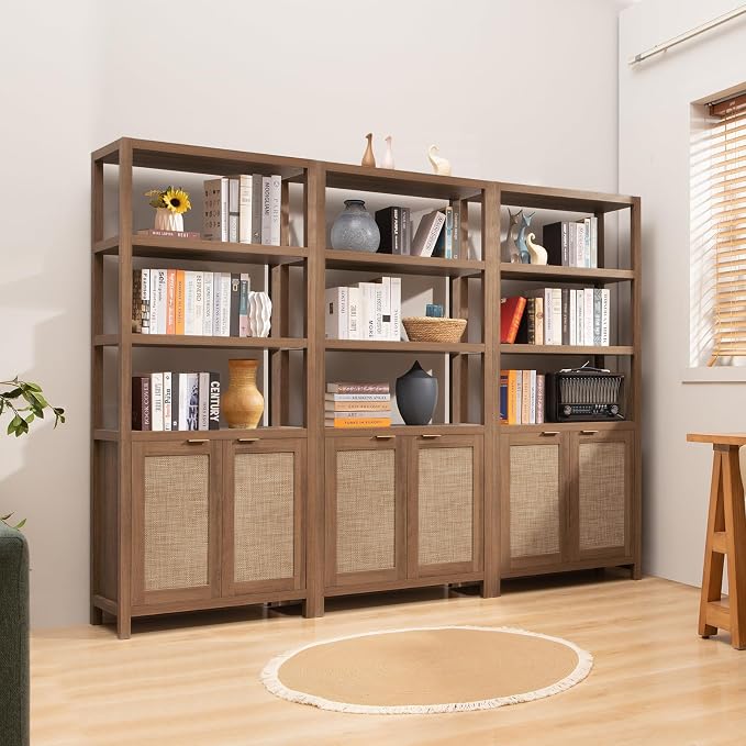 SICOTAS Bookshelf 5 Tier Book Shelf Rattan Boho 71" Tall Bookcase - Image 2
