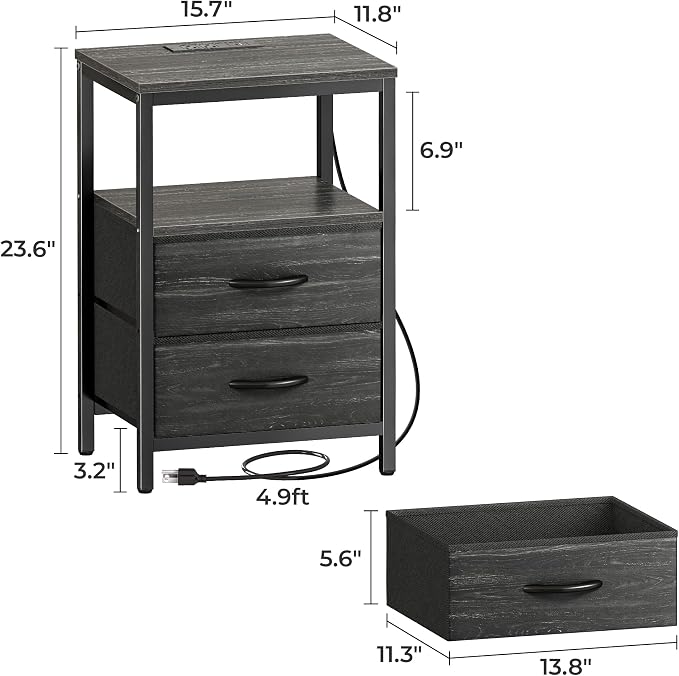 Huuger Nightstand with Charging Station, Fabric Drawers, End Table with Open - Image 6