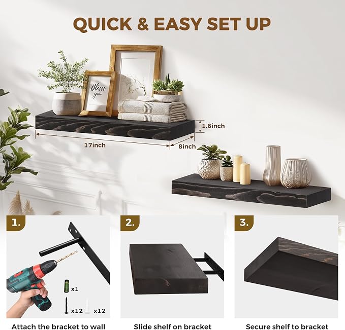 17x8x1.6 inch Floating Shelves Set of 2 – Solid Wood Rustic Black Wall Mounted - Image 5