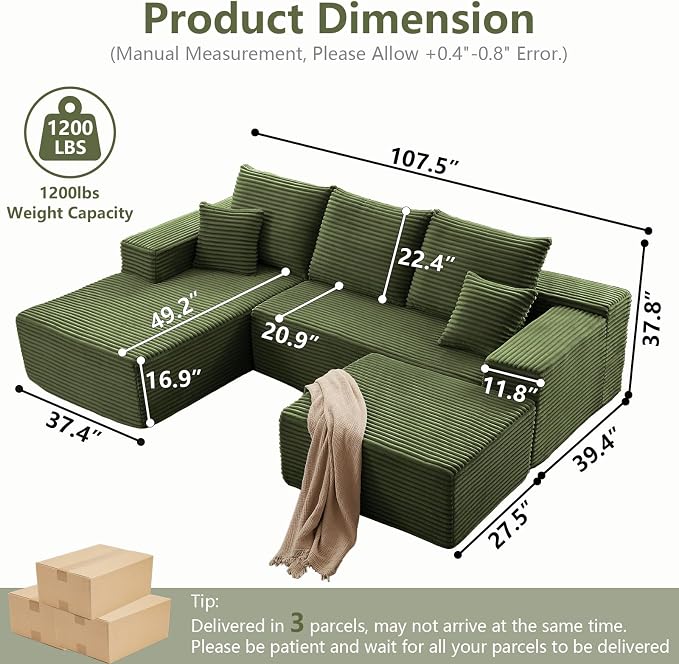 107" Comfy U-Shaped Sectional Modern Boneless Corduroy Couch - Image 2