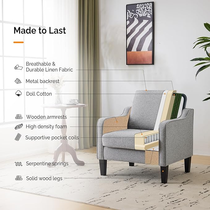 VINGLI Accent Chairs Set of 2 Gray Living Room Chairs Reading Chair - Image 5