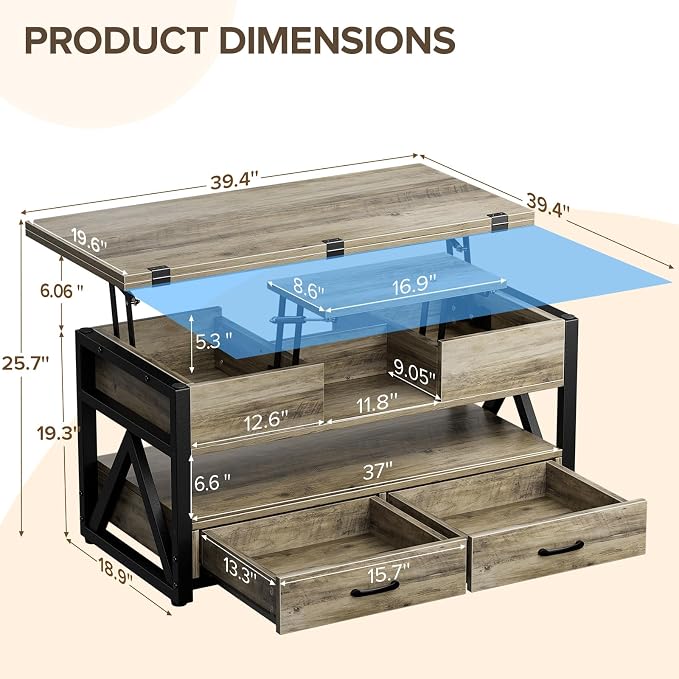 Memobarco 40" Lift Top Coffee Table, 4 in 1 Multi-Function Lift Coffee Tables - Image 2
