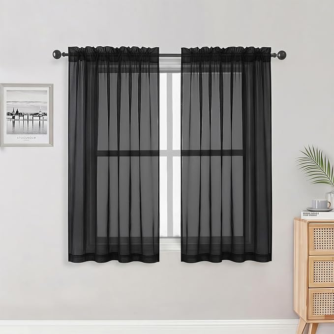 Sheer Black Curtains 84 Inch Length 2 Panels Set by OWENIE