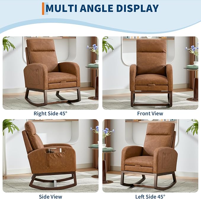 Rocking Chair Nursery with Foot Rest, Modern PU Upholstered Reading Glider - Image 5