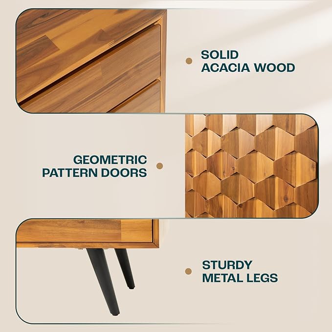 Bme Sideboard Georgina Solid Wood 2 Doors & 3 Drawers, Living Room, Teak Brown - Image 4