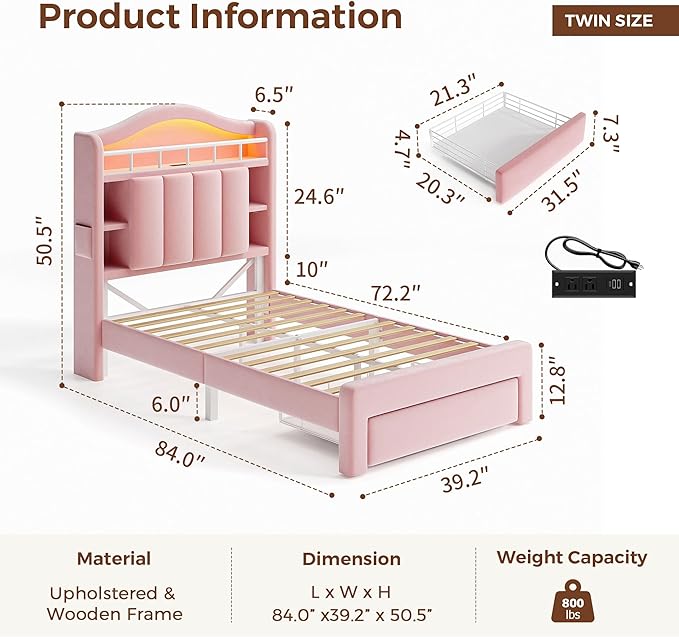 Twin LED Bed Frame with Storage Headboard & 2 Storage Drawers, Princess Velvet - Image 2