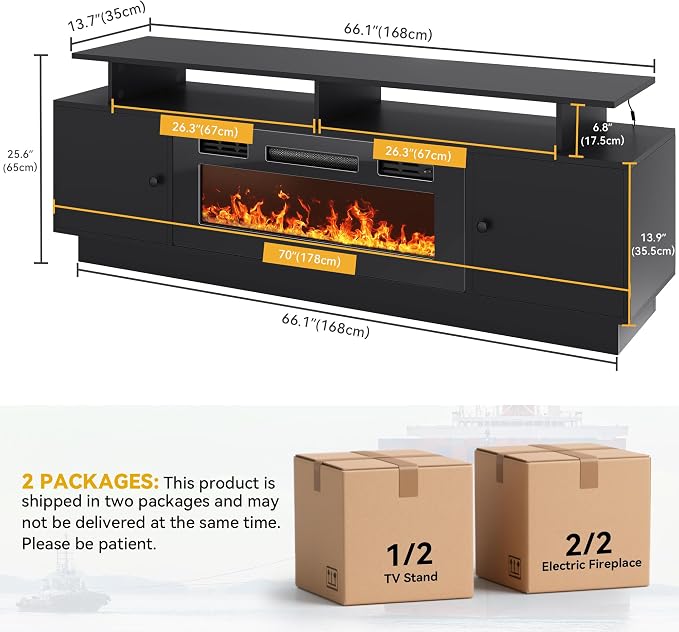 DWVO 70'' TV Stand with 36" Electric Fireplace, Entertainment Center with LED - Image 2