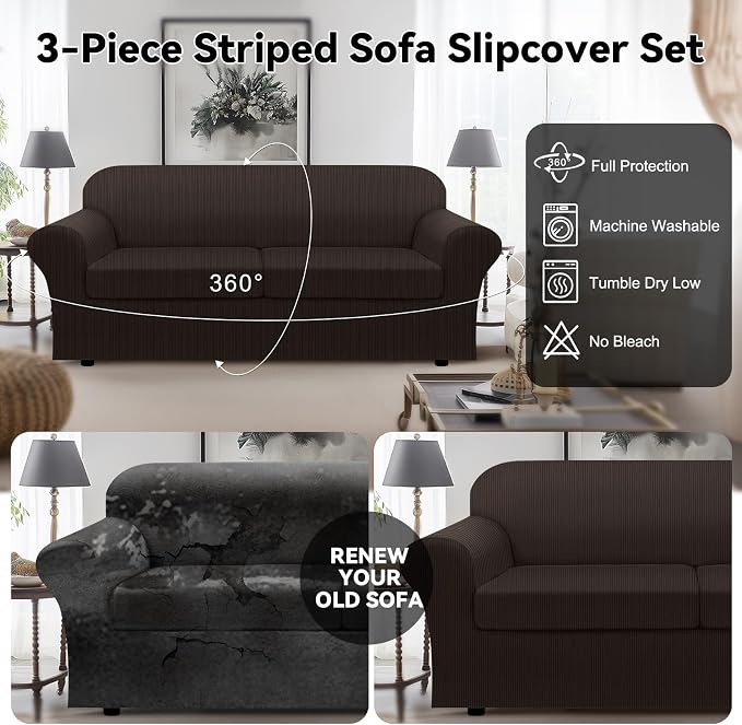 100% WaterproofCouch Cover 3-Piece Set Striped Sofa Slipcovers - Image 6