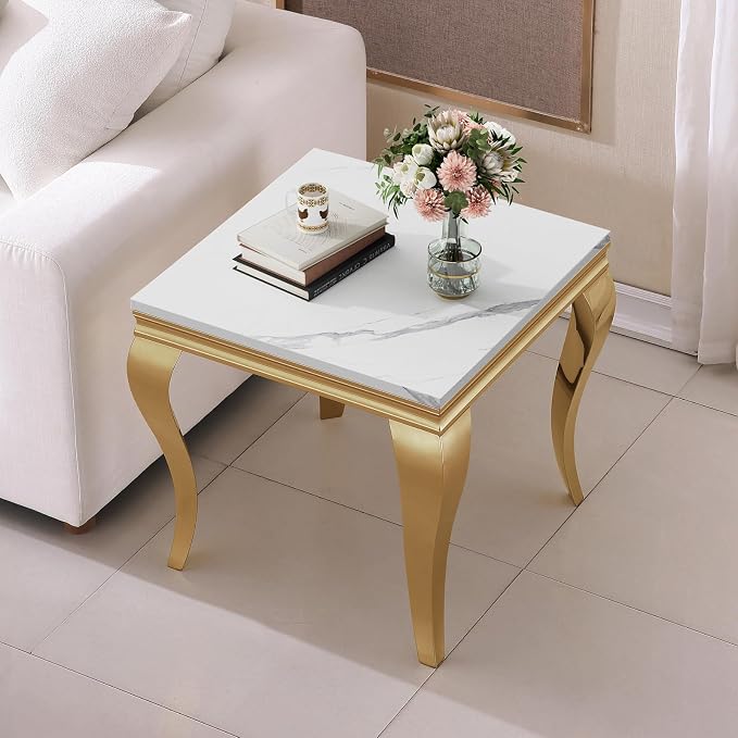 Henf Marble End Table Modern White Faux Marble Sofa Side Table - Image 4