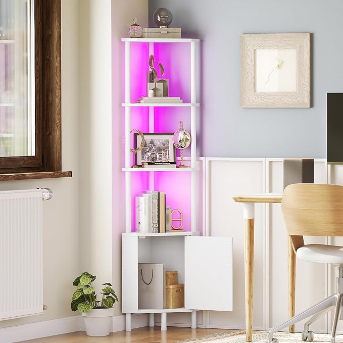 HOOBRO Corner Cabinet with LED Light, Corner Shelf Stand with Storage and Doors - Image 4