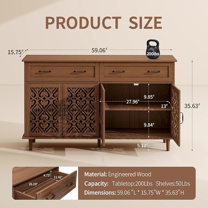 59-Inch Walnut Buffet Cabinet - Image 2