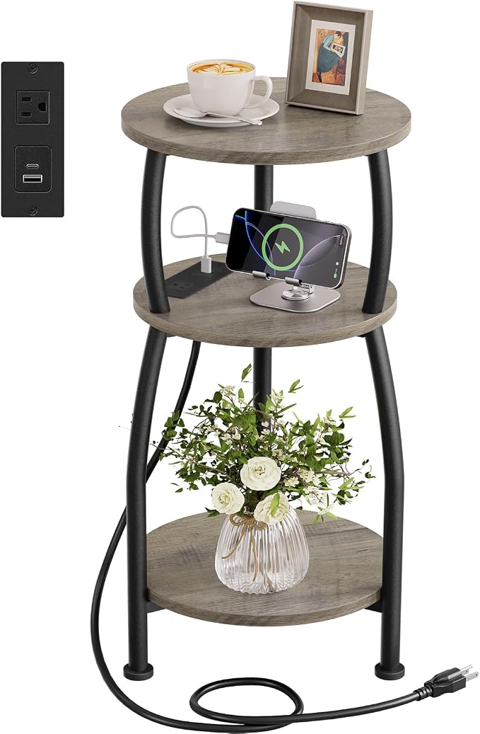 Round Side Table with Power Outlet & USB Ports, 3-Tier End Table with Storage by designyourhome
