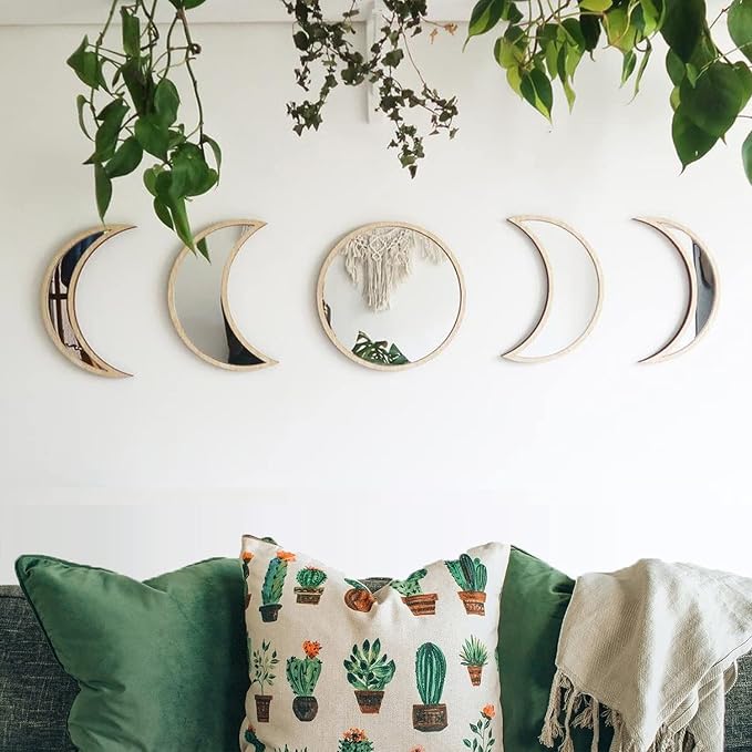 MAXROCK Moon Phase Mirror Set, 5 Piece Scandinavian Natural Decor Wall by MAXROCK