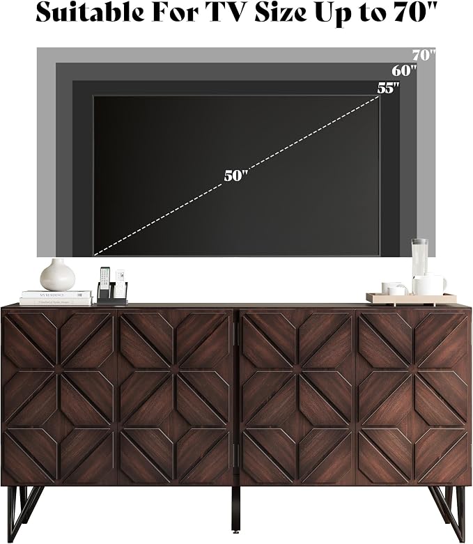 AMERLIFE 63” Solid Acacia Wood Sideboard Buffet Cabinet, Hand-Carved Geometric - Image 6