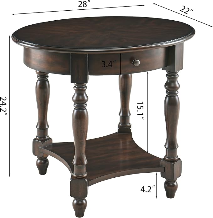 Solid Wood Oval End Table with Drawer and Storage Shelf, Vintage Walnut - Image 2
