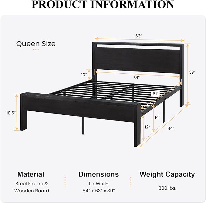 SHA CERLIN 14 Inch Queen Size Metal Platform Bed Frame - Image 2