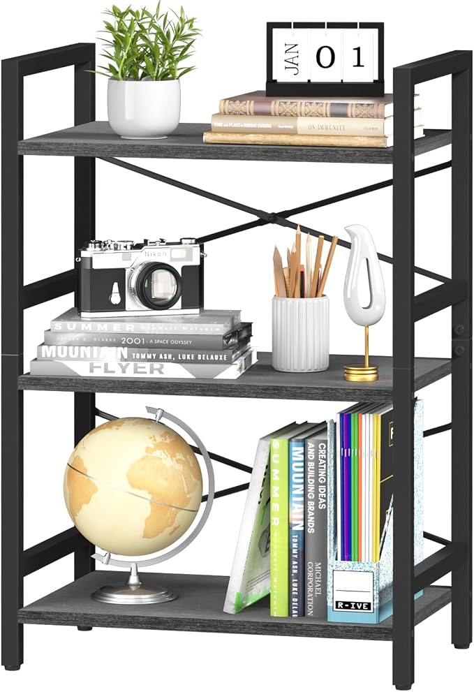 Yoobure Bookshelf Small Book Shelf, Solid Industrial 3 Tier Shelf Bookcase by Yoobure