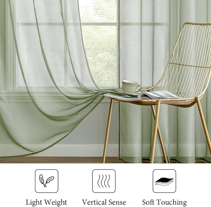 MIULEE Sage Green Sheer Curtains 54 X 72 Inches, 2 Panels | Elegant Window - Image 4