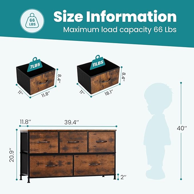 OLIXIS 5 Drawer Dresser for Bedroom, Wide Fabric Storage Tower - Image 3